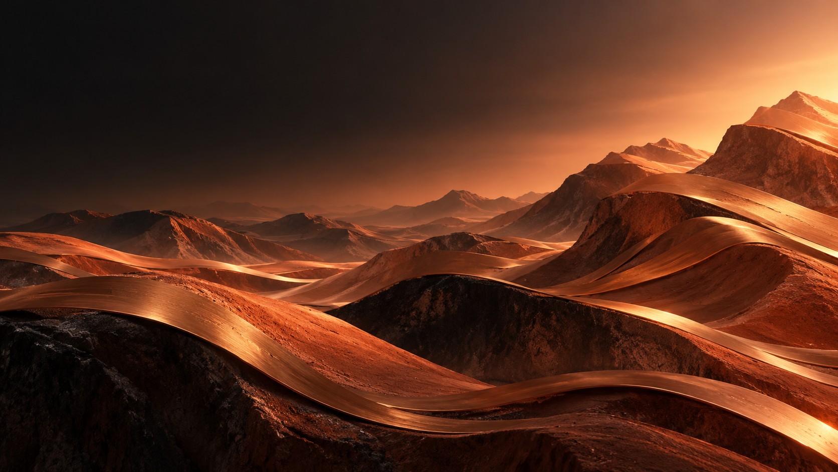 Sculptural copper landscape stretching towards a bright horizon