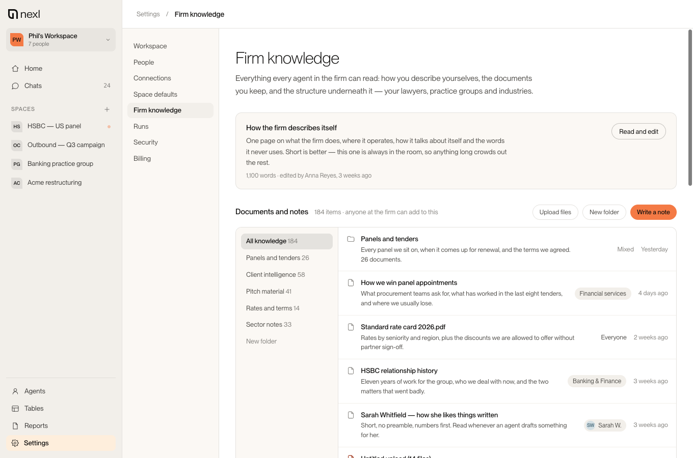 Nexl OS firm knowledge screen with firm positioning, reference folders, documents, and notes.