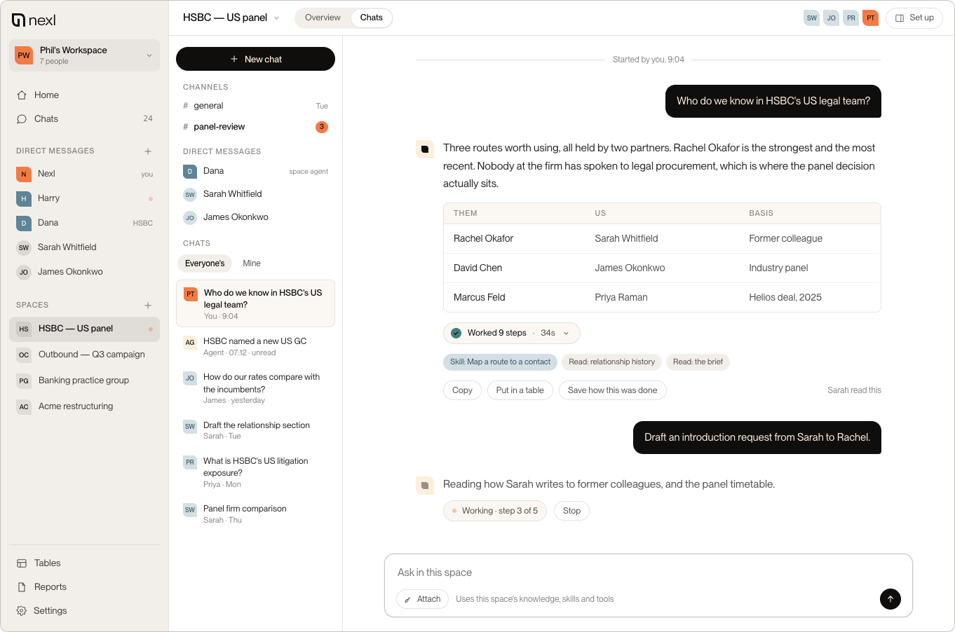 Nexl OS Space chat showing a question about client relationships, a sourced relationship table, and a follow-up task.
