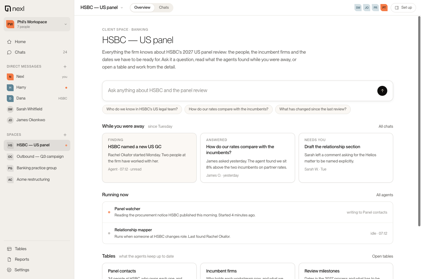 Nexl OS client Space overview showing shared updates, running agents, questions, and tables.